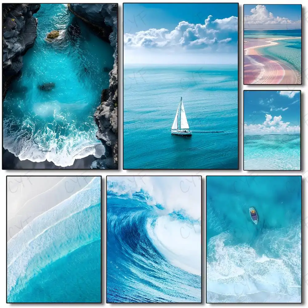 Resin Art Aesthetic - โปสเตอร์ภาพคลื่นทะเลชายหาด งานพิมพ์ตกแต่งผนัง กันน้ำ สำหรับตกแต่งบ้าน ห้องนอน บาร์
