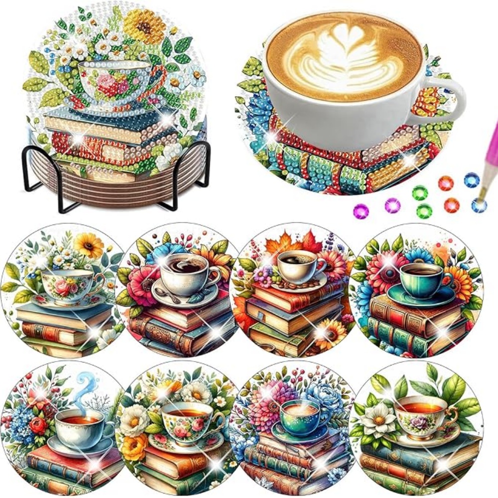 Resin Art Coasters - ชุดภาพวาดเพชร DIY 8 ชิ้น พร้อมฐานวาง ลายหนังสือ