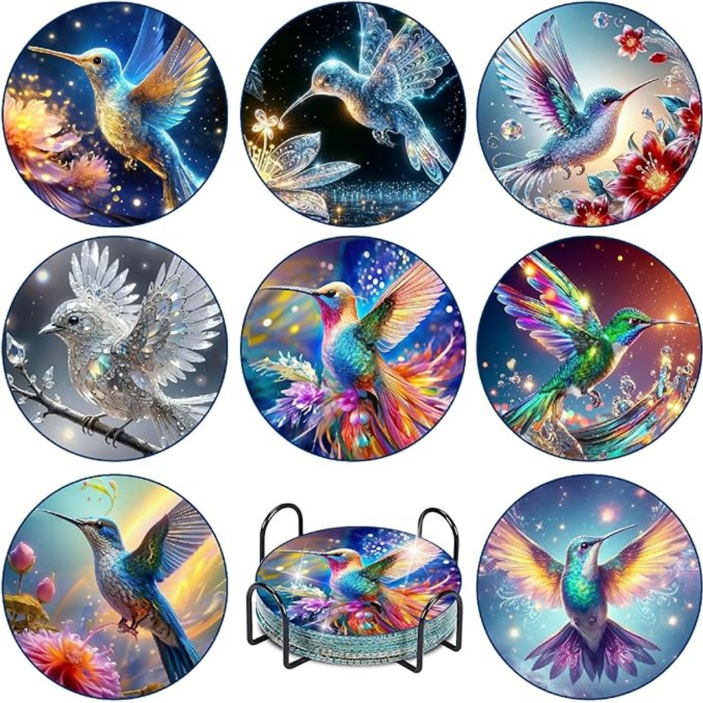 Resin Art Coasters - แผ่นรองแก้วลายเพชร 8 ชิ้น พร้อมขายึด แผ่นรองแก้วลายเพชร DIY