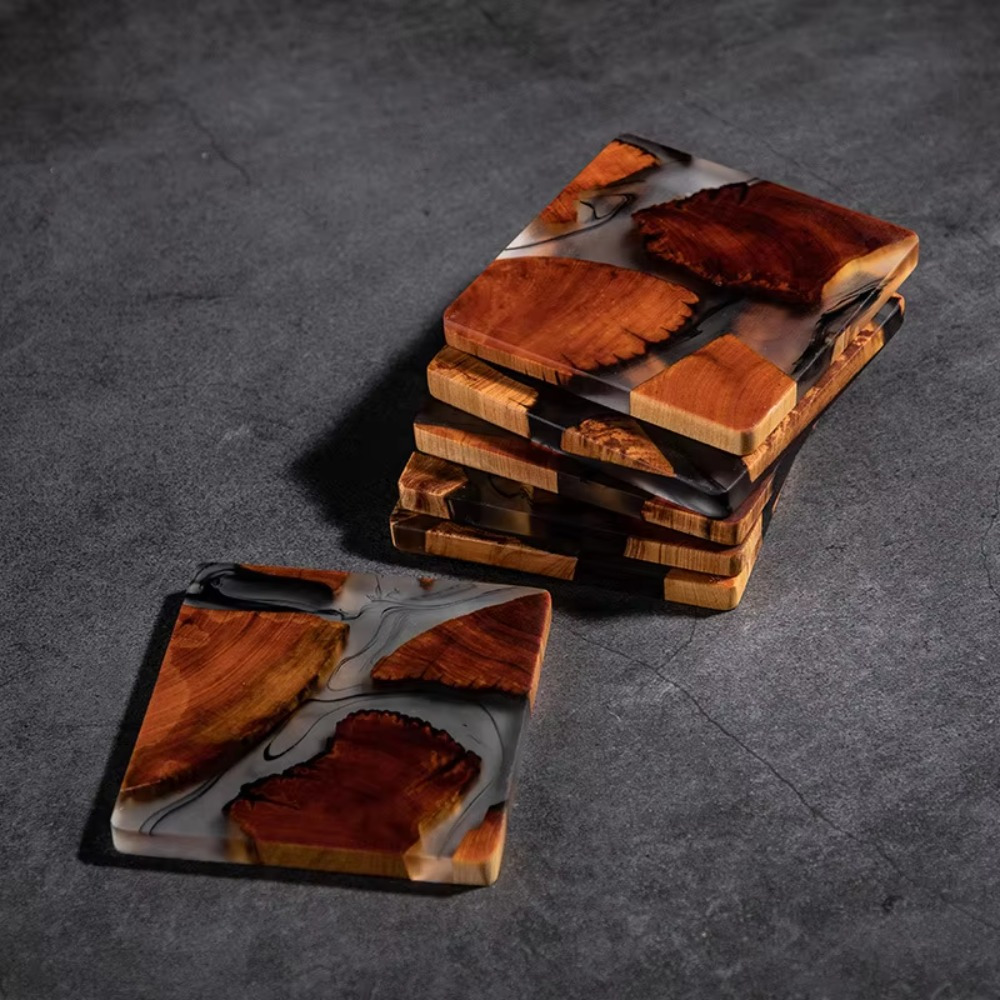 Resin Art Coasters - ไม้เรซิ่น Coasters เบาะรองนั่งถ้วยสแควร์สไตล์ญี่ปุ่นตารางลื่นถ้วยทนกาแฟเครื่องดื่มสแควร์ชา Pad Dining