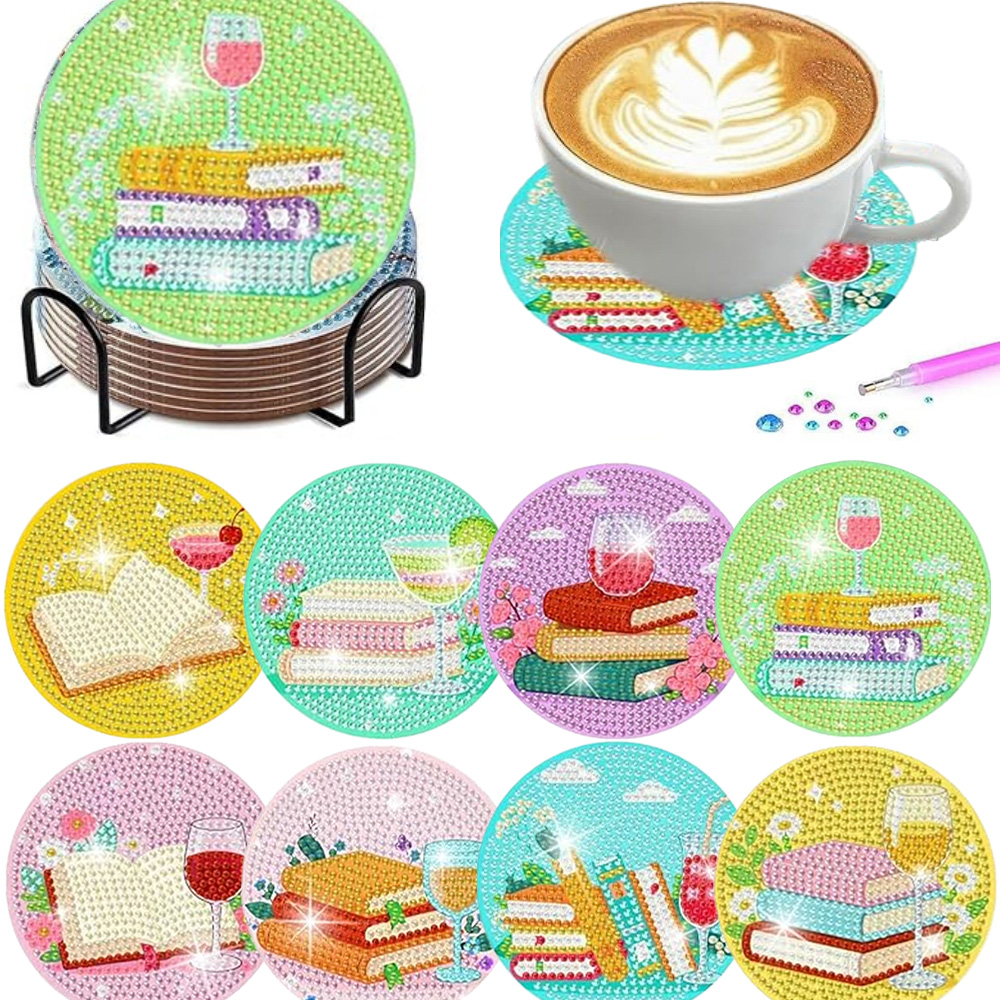 Resin Art Coasters - ชุดละ 8 ชิ้น พร้อมฐานรองแก้วลายเพชรแบบมีกรอบ, ชุดลายเพชรสำหรับทำเองตามแบบหนังสือ, ของขวัญงานฝีมือ