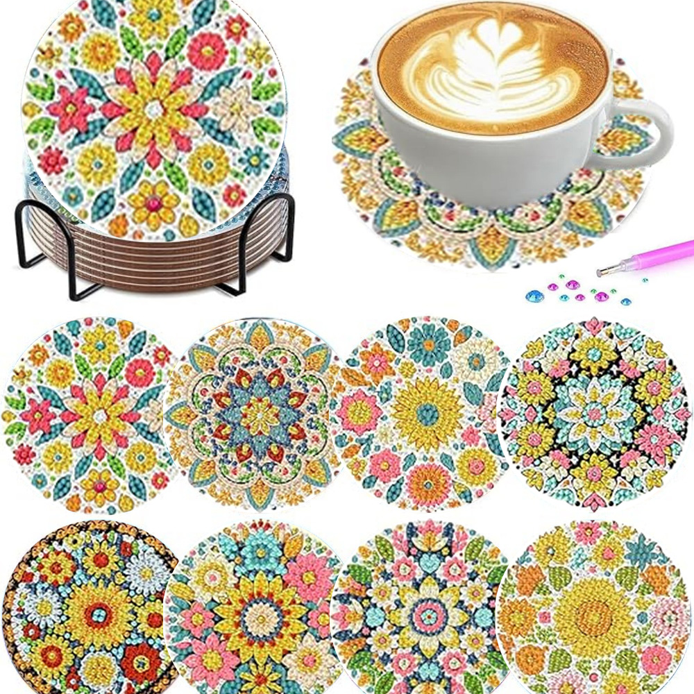 Resin Art Coasters - ชุด 8 ชิ้น/ชุดที่รองแก้วลายเพชร, ที่รองแก้วลายพวงมาลัยดอกไม้ (พร้อมฐาน) -