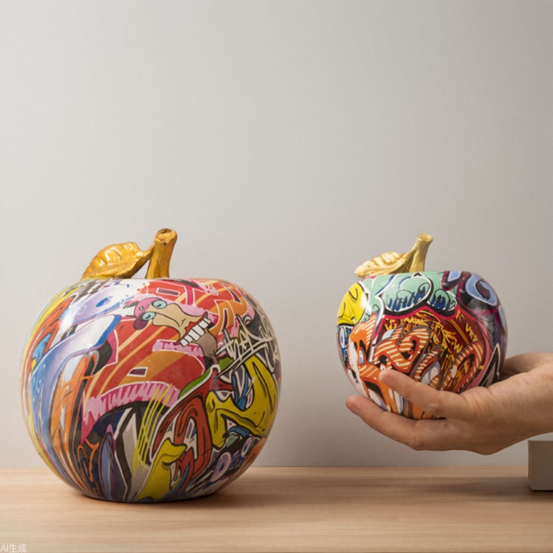 Resin Art Aesthetic - งานประติมากรรมแอปเปิ้ลกราฟฟิตีสไตล์ป๊อปอาร์ต รูปปั้นผลไม้เรซิ่นทาสี ของตกแต่งโต๊ะทำงาน ของประดับตกแต่งห้องนั่งเล่น